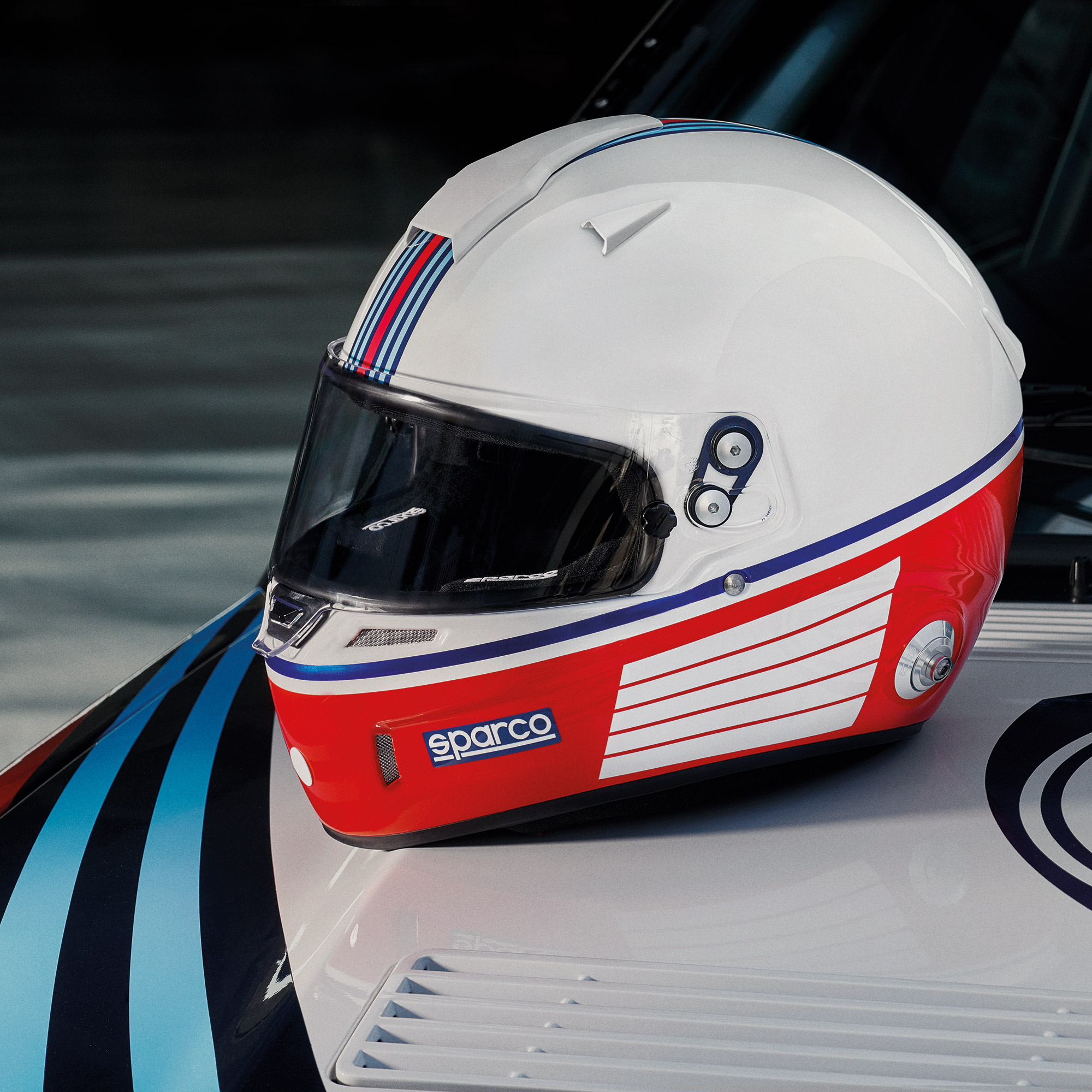 Sparco Air Pro RF5w Martini Racing FIA Approved Race Helmet Stripe